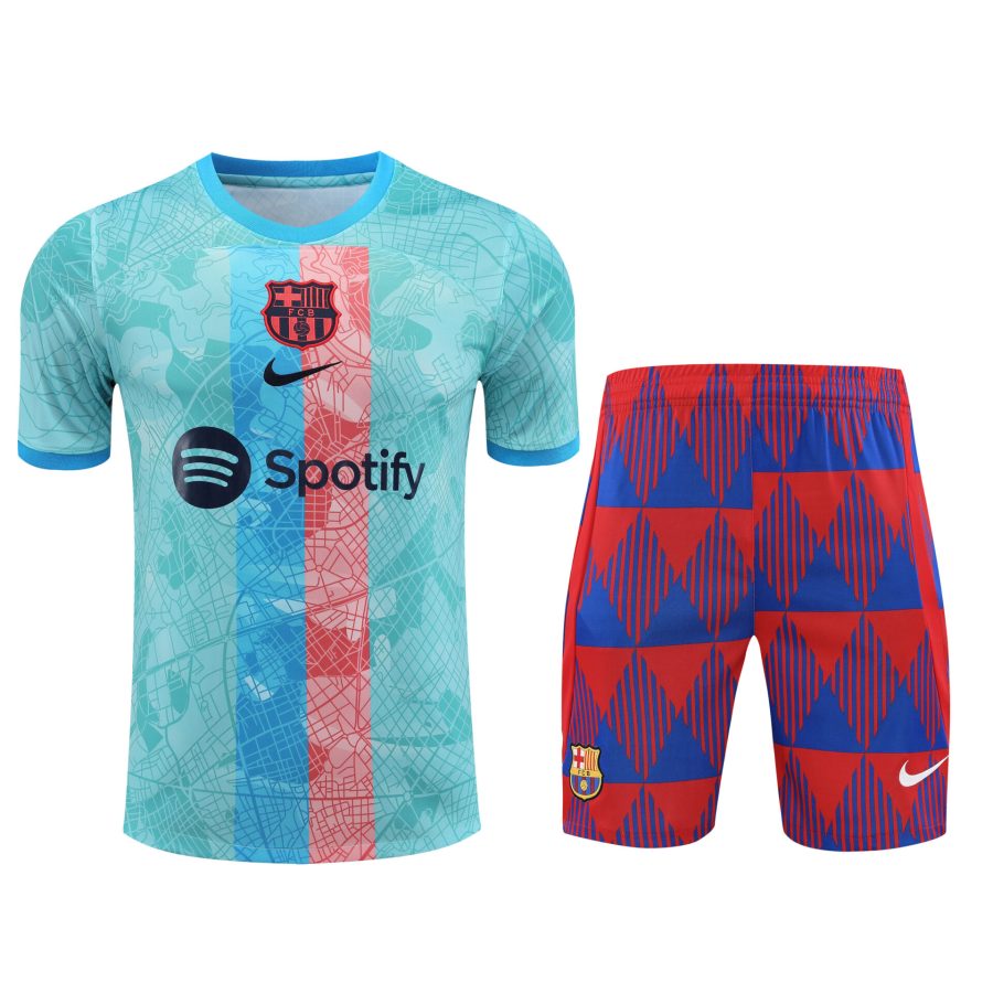Conjunto de calentamiento FC Barcelona azul claro franja azul y roja